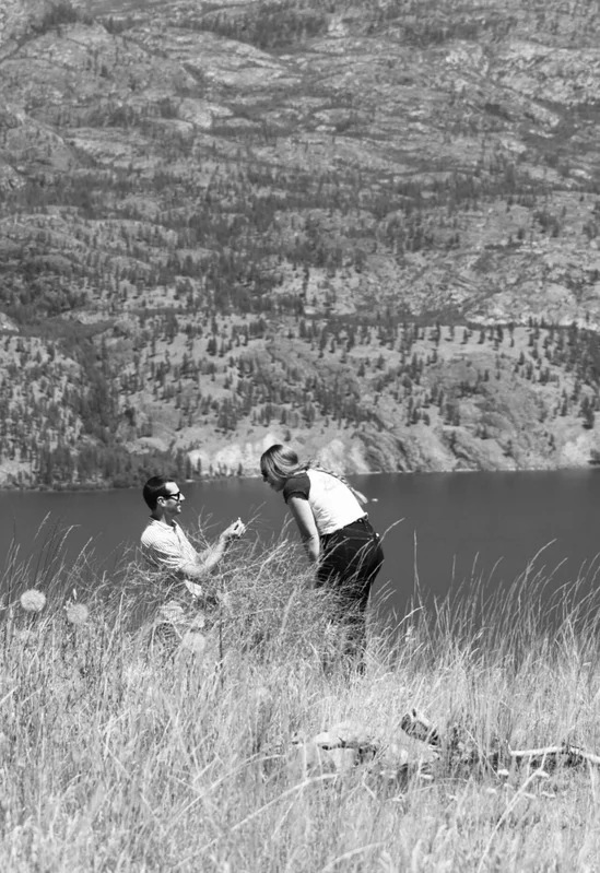 The proposal on a grassy hillside above the lake